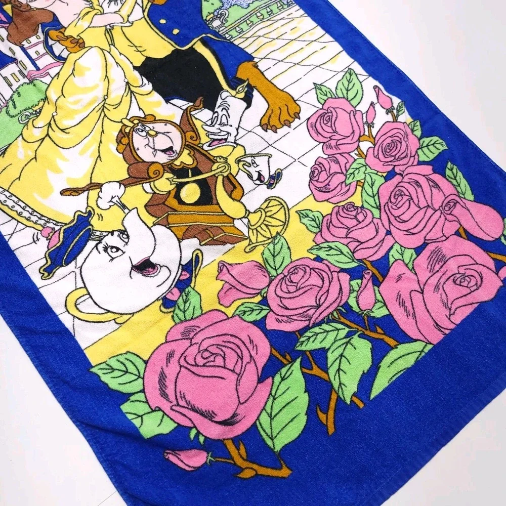Vintage 90s Disney Beauty and the Beast Bath Beach Towel Cotton Franco EUC Vivid